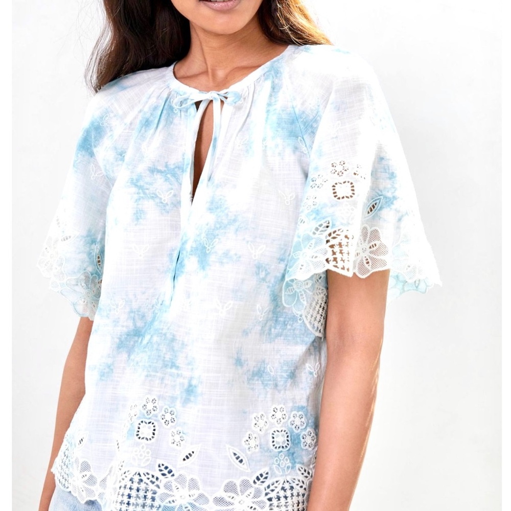 Anthropologie embroidered tie-dye blouse white and sky blue size medium